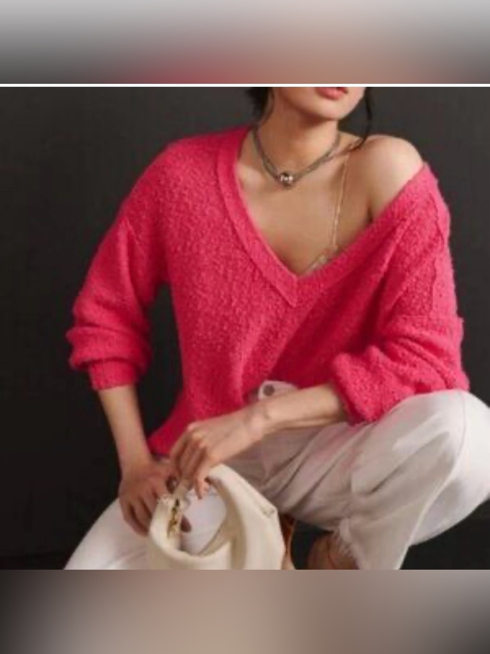 Pilcro Anthropologie bright pink vneck sweater size XS oversized boho knit cozy